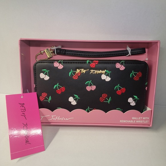 Betsey Johnson Handbags - Betsey Johnson Cherry Embroidered Wallet Wristlet Black/Multi New in Box